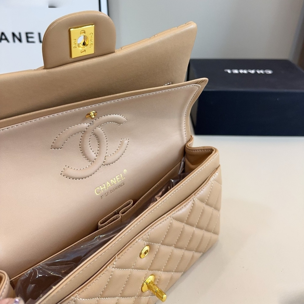 Chanel Medium Classic Double Flap Beige Gold Hardware 25Cm