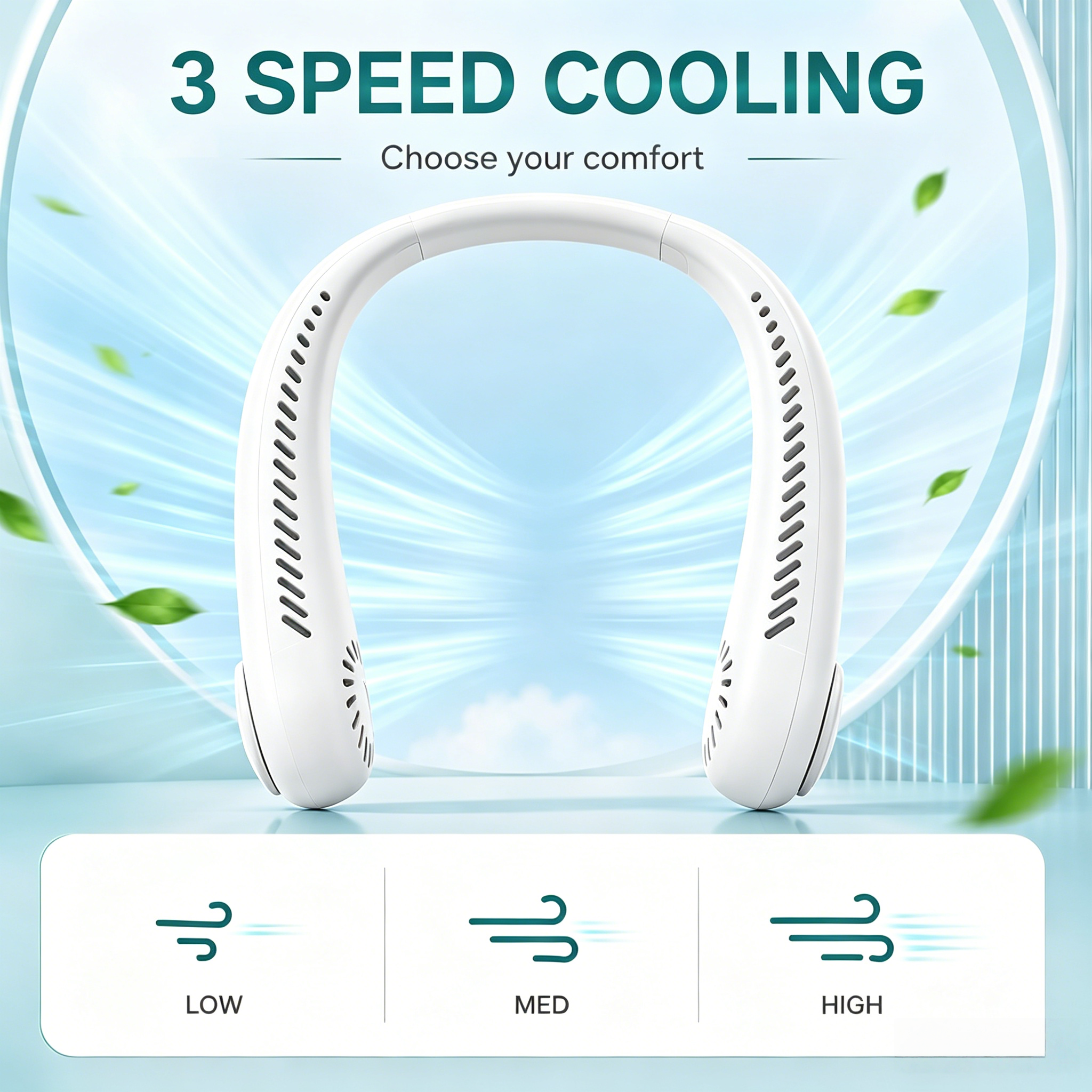 Rechargeable Neck Fan, Portable Bladeless Wearable Cooling Fan, USB Rechargeable, 3 Speeds for Travel & Outdoor