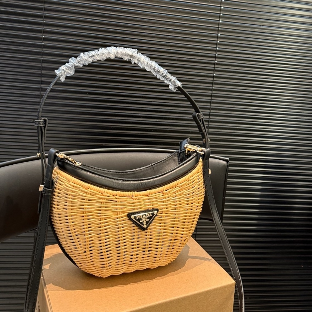Prada Wicker And Leather Arqué Bag Black 22Cm 1Bc202 2Cyf F0I55 V Ooo