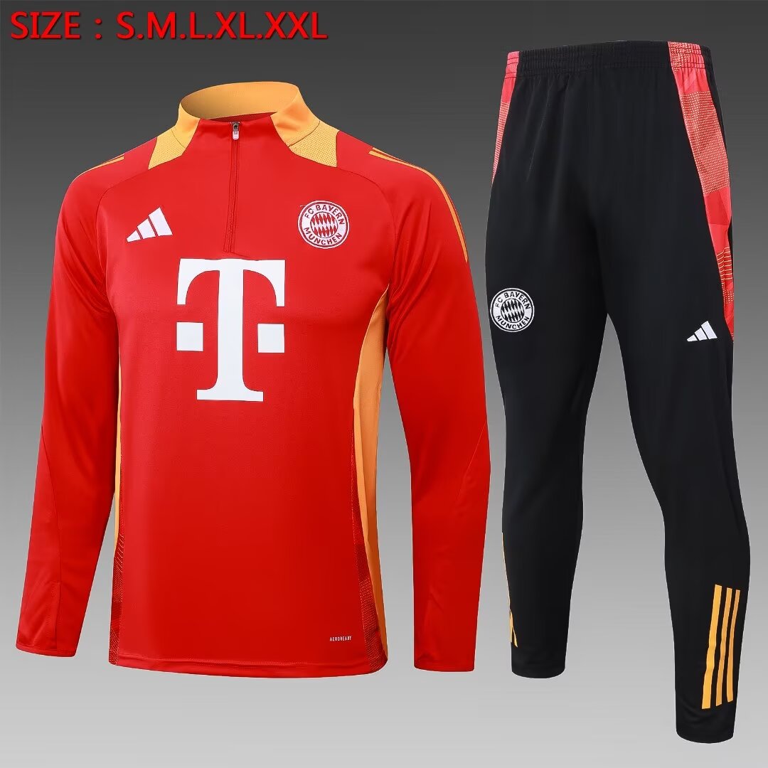 2024/2025 Bayern Munich Half-Pull Training Suit Red(Yellow collar)Football Shirt 1:1 Thai Quality