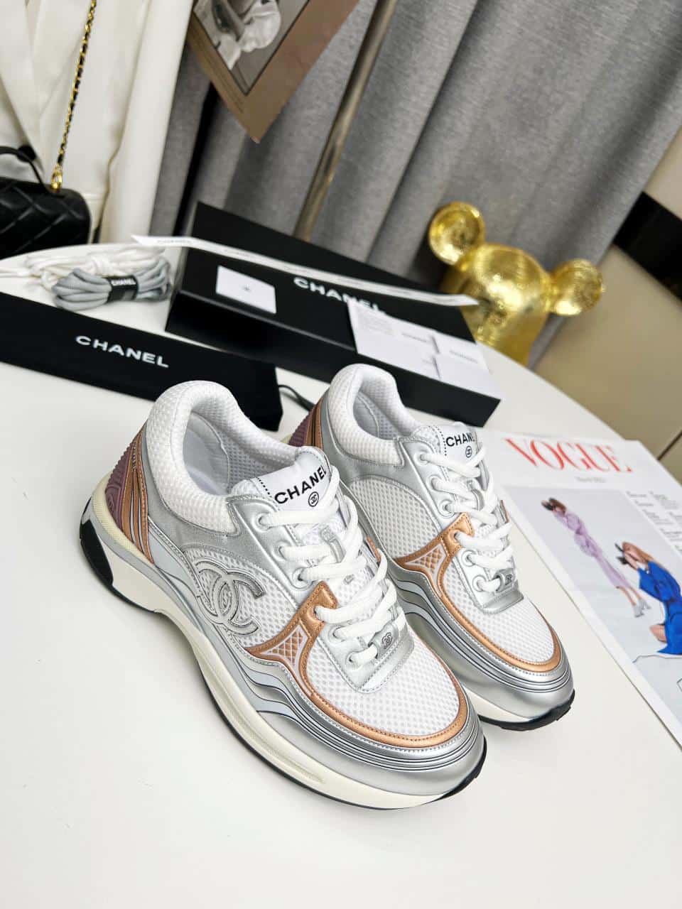 Chanel 23C Silver Metallic Cc Logo Lace Up Flat Runner Trainer Sneaker White Yellow