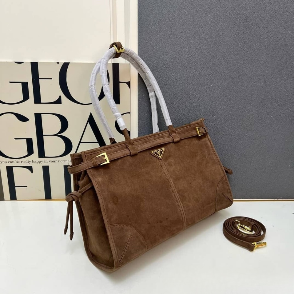 Prada Bonnie Large Suede Handbag Cacao Brown 38Cm 1Ba433 2C4S F0324 V Moo