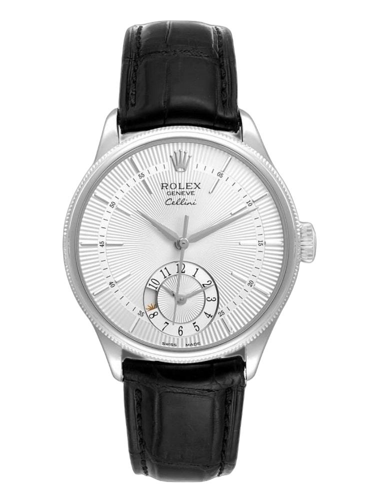 【Super Clone】Rolex Cellini Dual Time 50529 Silver Sunburst Dial Black Leather Strap 39mm Mens Replica Watch
