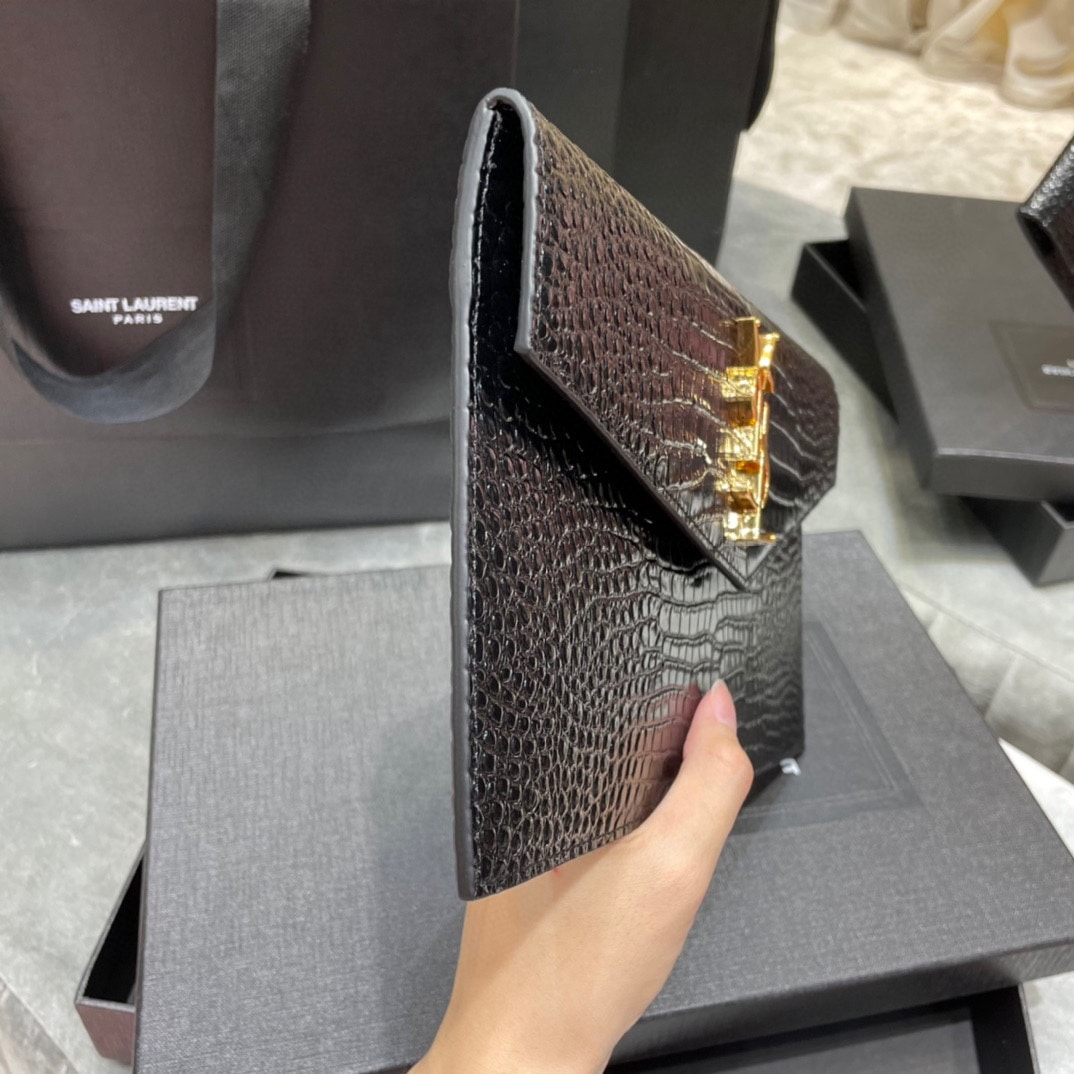 Saint Laurent Uptown Pouch In Crocodile Embossed Shiny Leather