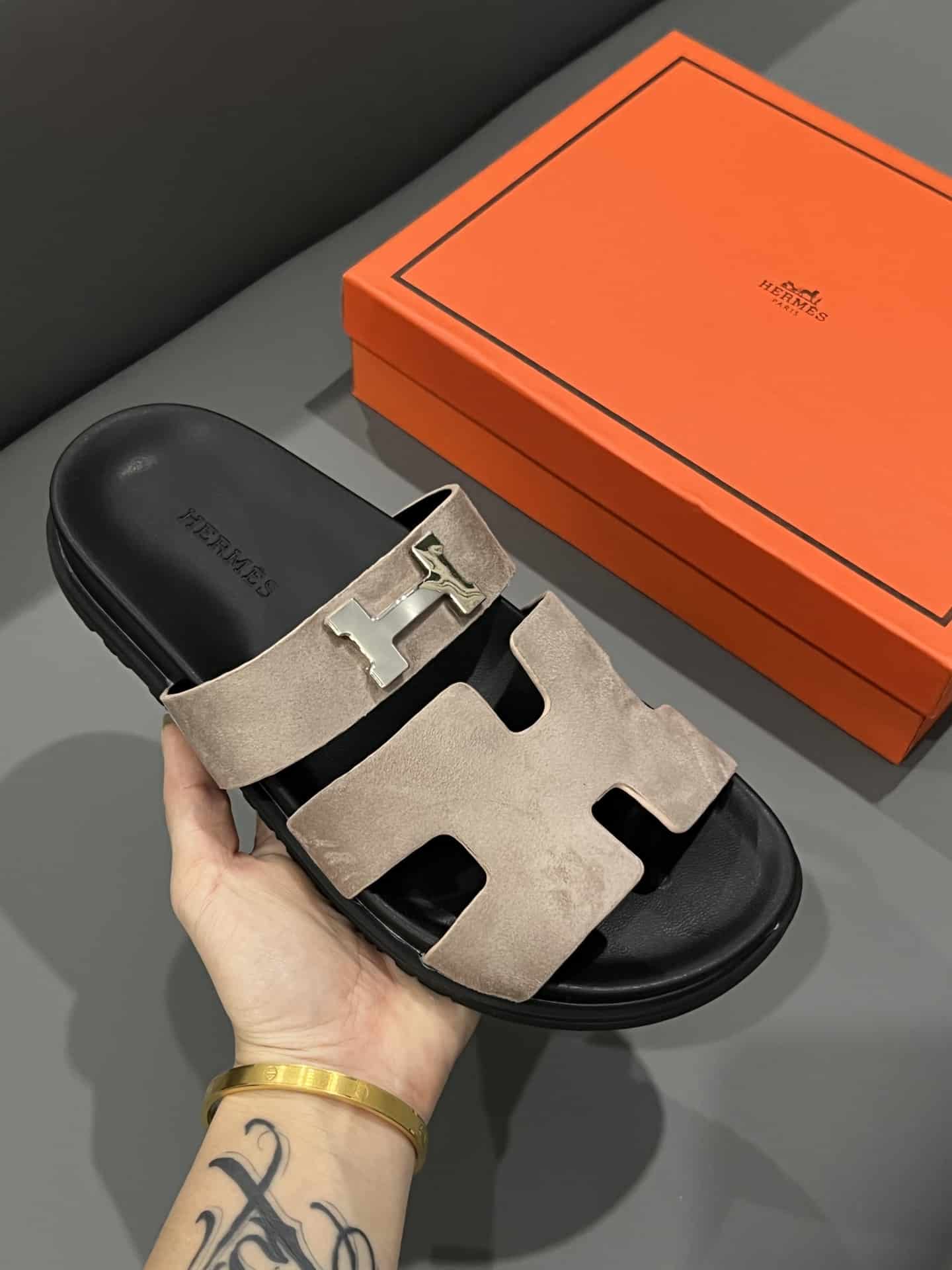 Hermes Chypre Sandal Suede H Logo Silver Hardware Light Brown