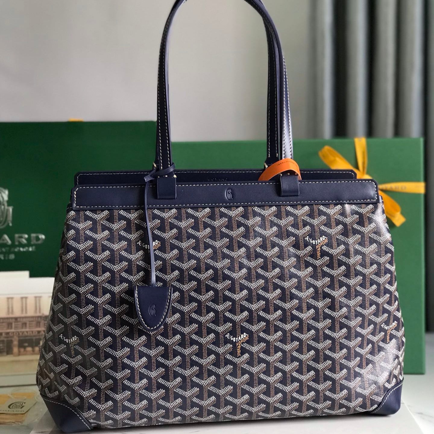 Goyard Bellechasse Biaude Pm Bag 36cm Navy Blue Goyardine Canvas And Calfskin Trim
