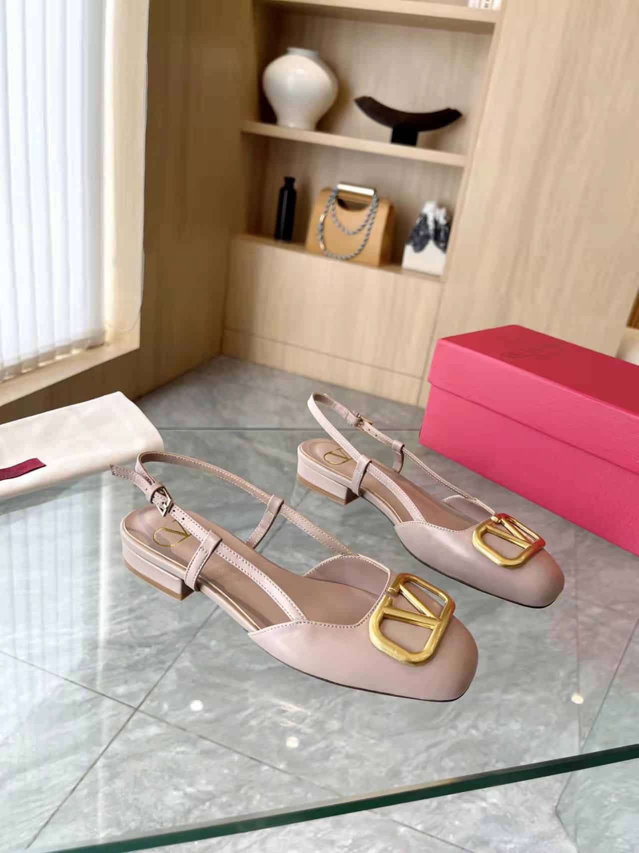 Valentino Garavani V Logo Leather Slingback Flats Beige