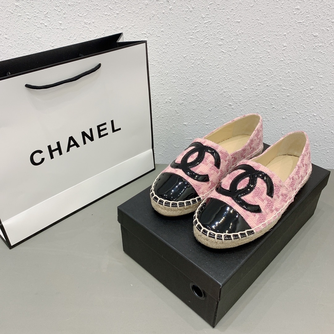 Chanel Tweed Patent Cc Espadrilles Slip On Pink Black