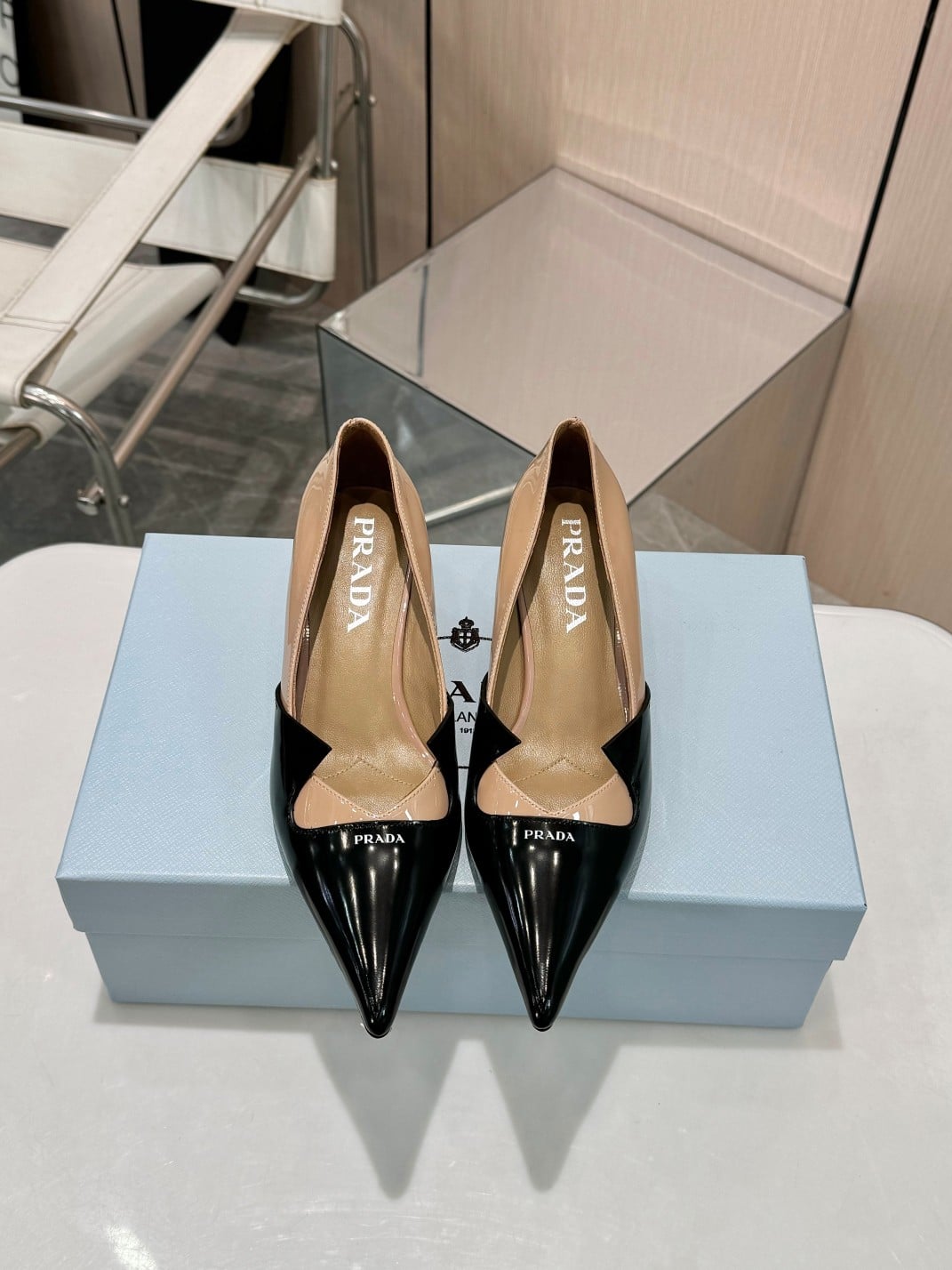 Prada Two Tone Toe Kitten Heels In Black And Beige