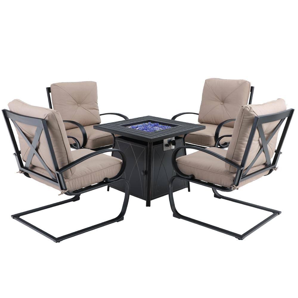 5-Piece Outdoor Fire Pit Set C-spring Chairs With Cushions & 50,000BTU Square Fire Pit Table