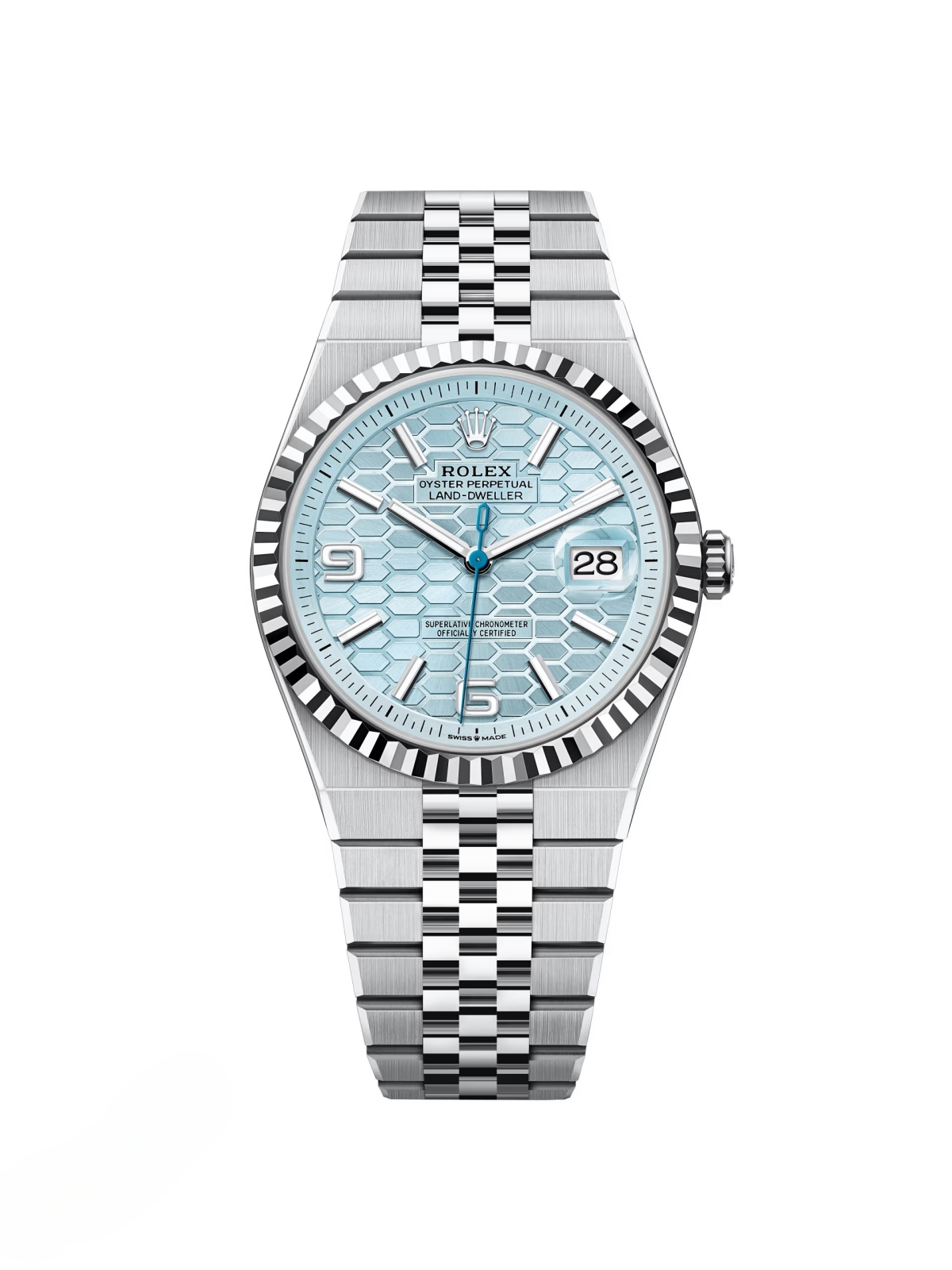Rolex Land-Dweller 127336-0001 Blue Honeycomb Dial Platinum Jubilee Bracelet 40mm