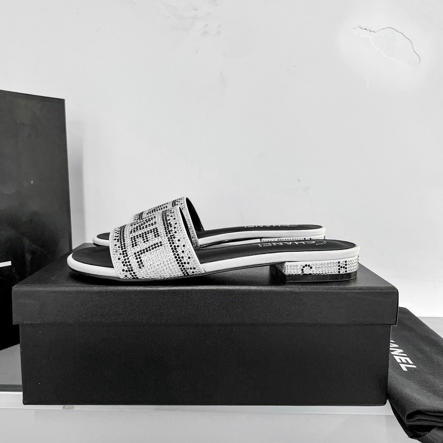 Chanel 24P Beaded Diamond Slippers Silver