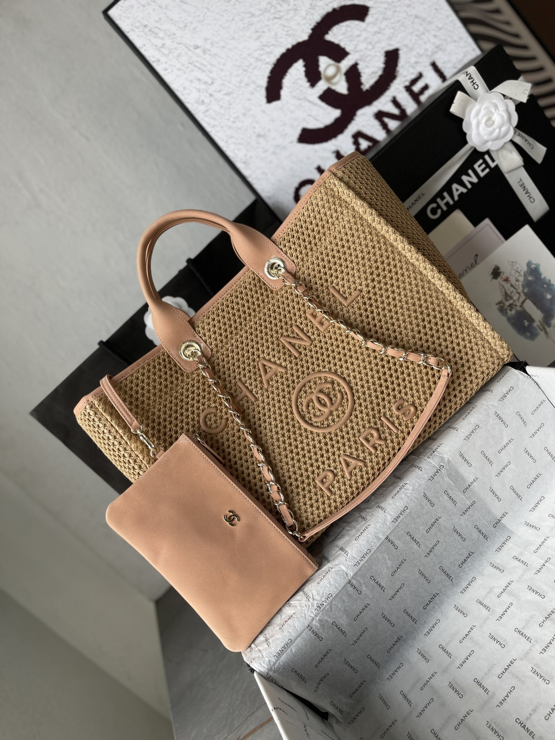 Deauville Large Openwork Knit Tote Bag in Nude with Light Gold-Tone Hardware