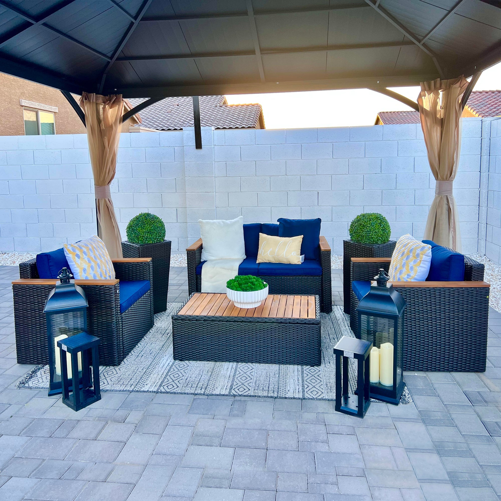 4-Piece Outdoor Rattan & Wood Sectional Sofa Conversation Set With Cushions