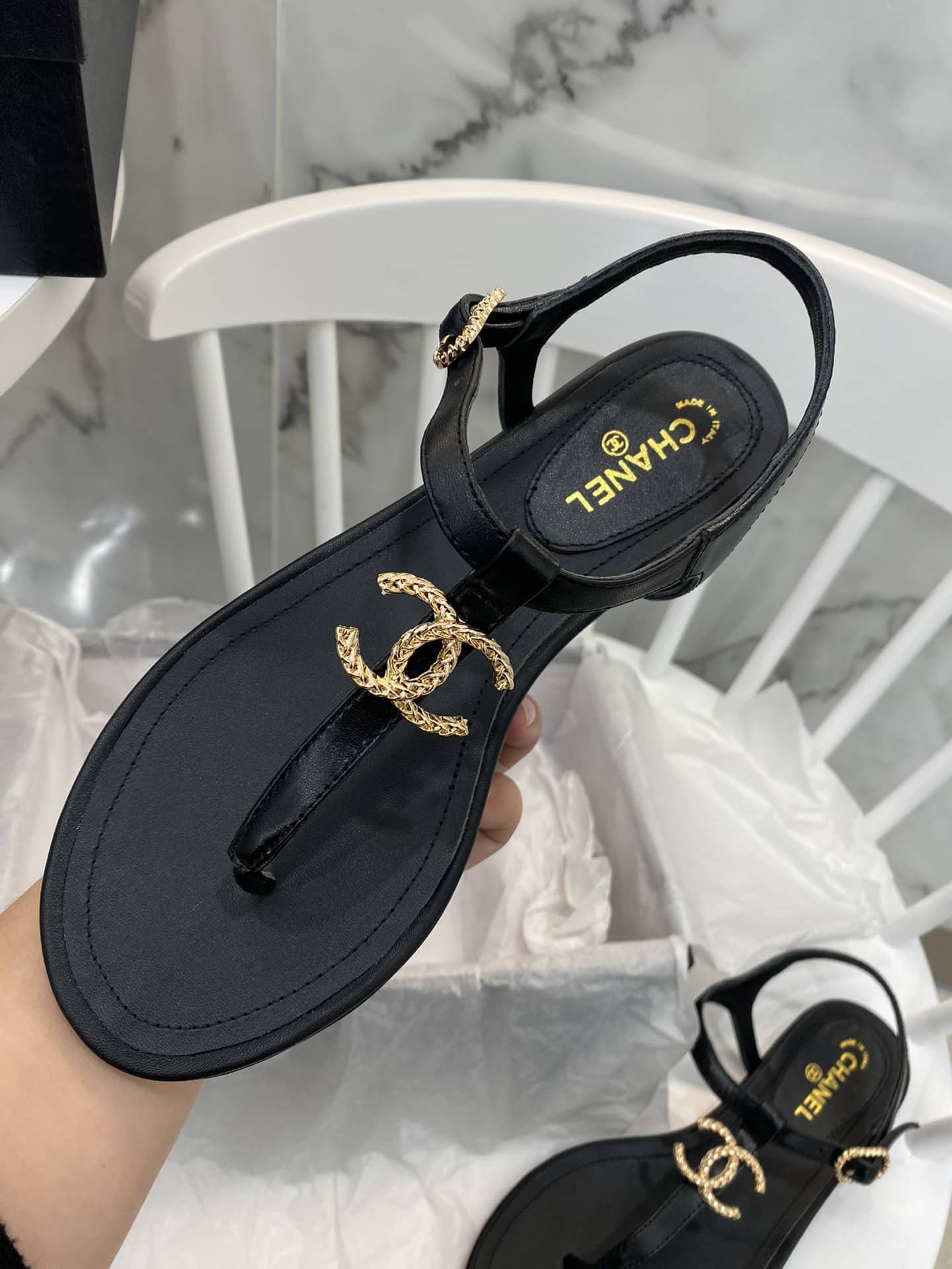 Chanel Gold Cc Logo Thong Sandals Black