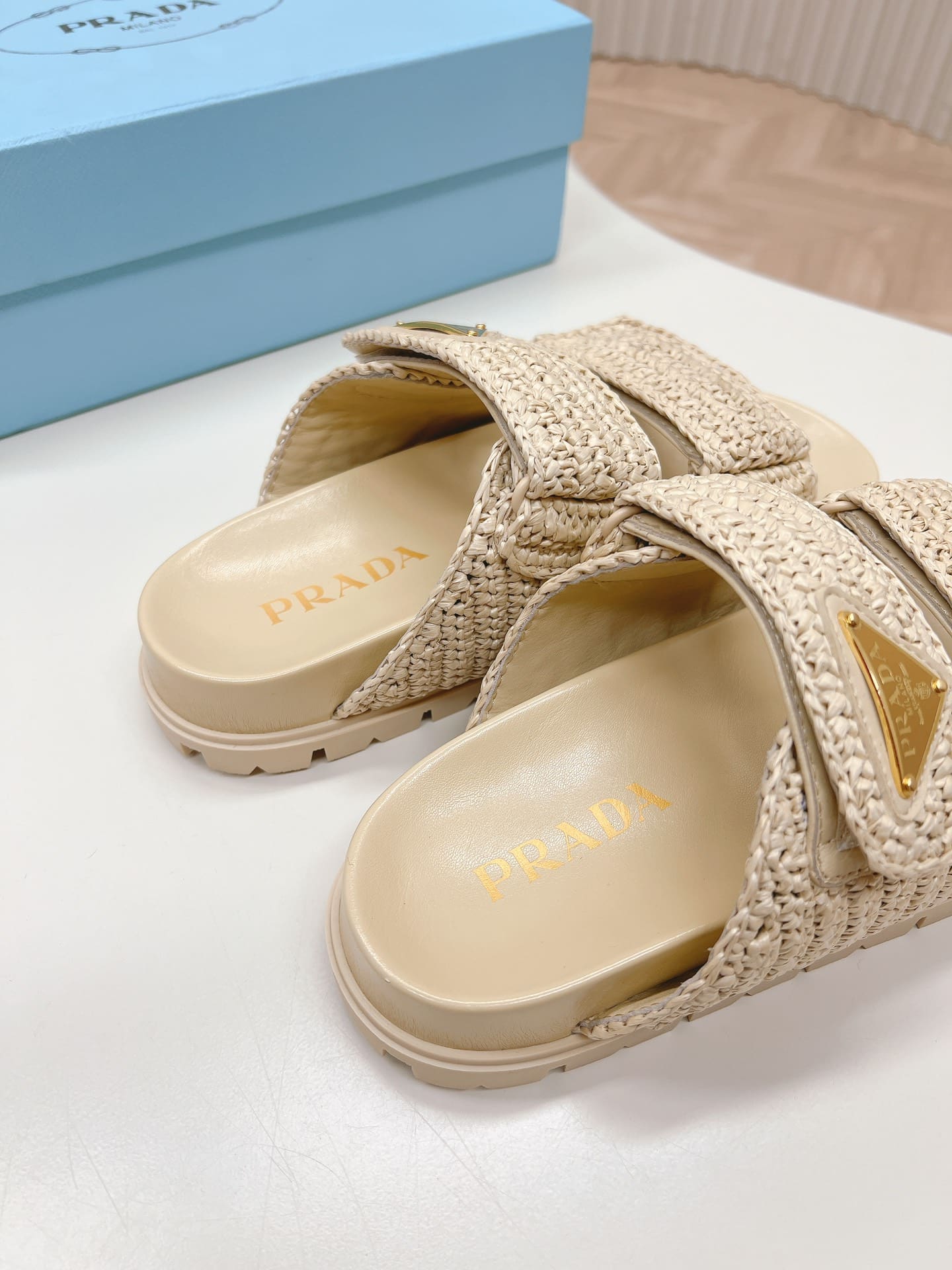 Prada Raffia Double Band Slide Sandals Beige 1Xx699 F020 2C2T F0018