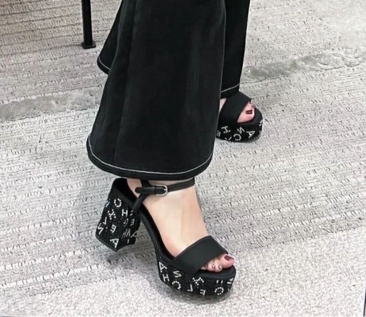 Chanel Sandal Pump Stone Beads Black Silver G45365 B15306 Nu665