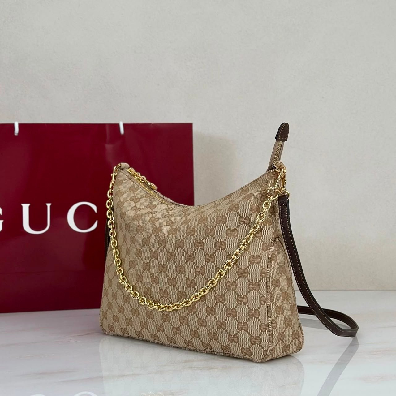 Gucci Lady Lunetta Chain Medium Shoulder Bag 30cm/12in Brown GG Canvas A006OA