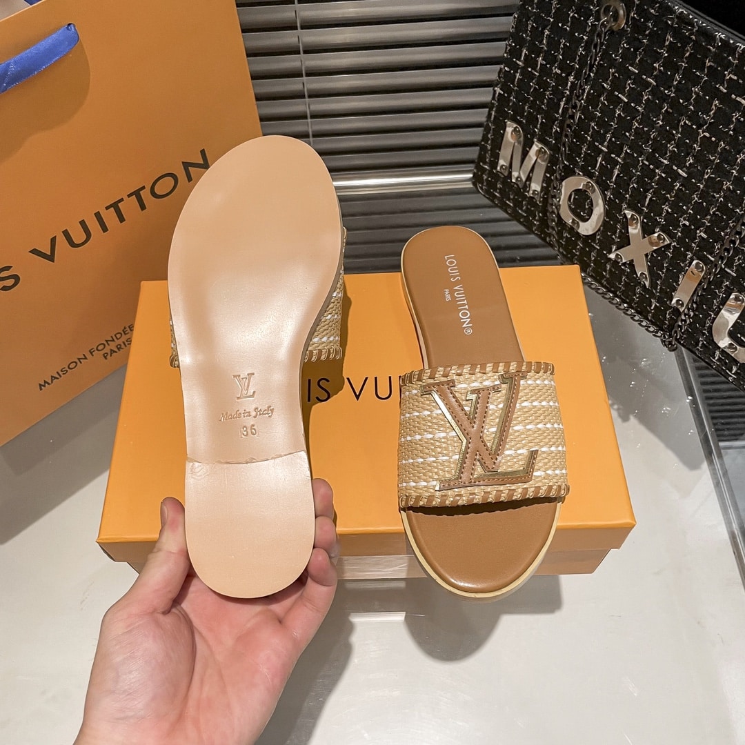 Louis Vuitton Lock It Flat Raffia Mules Brown