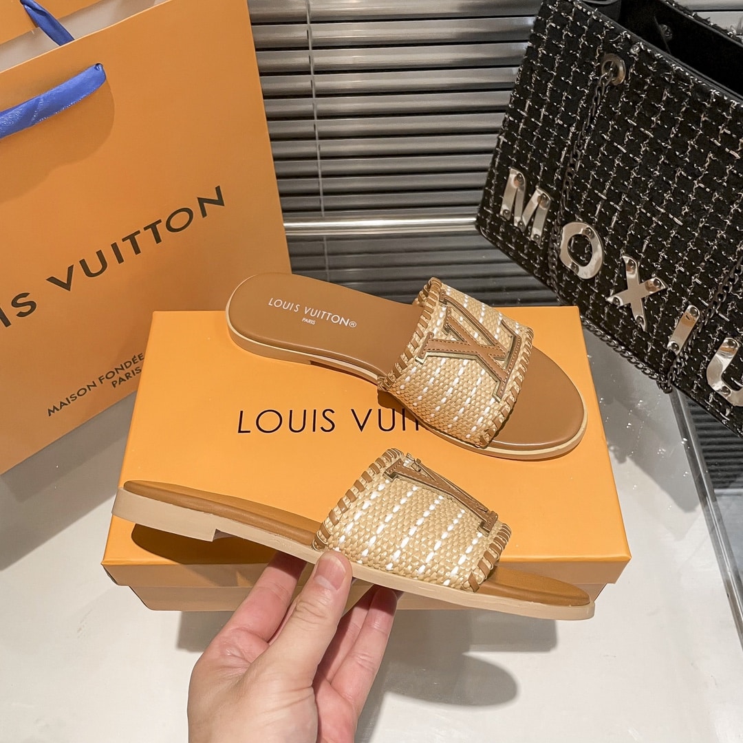 Louis Vuitton Lock It Flat Raffia Mules Brown