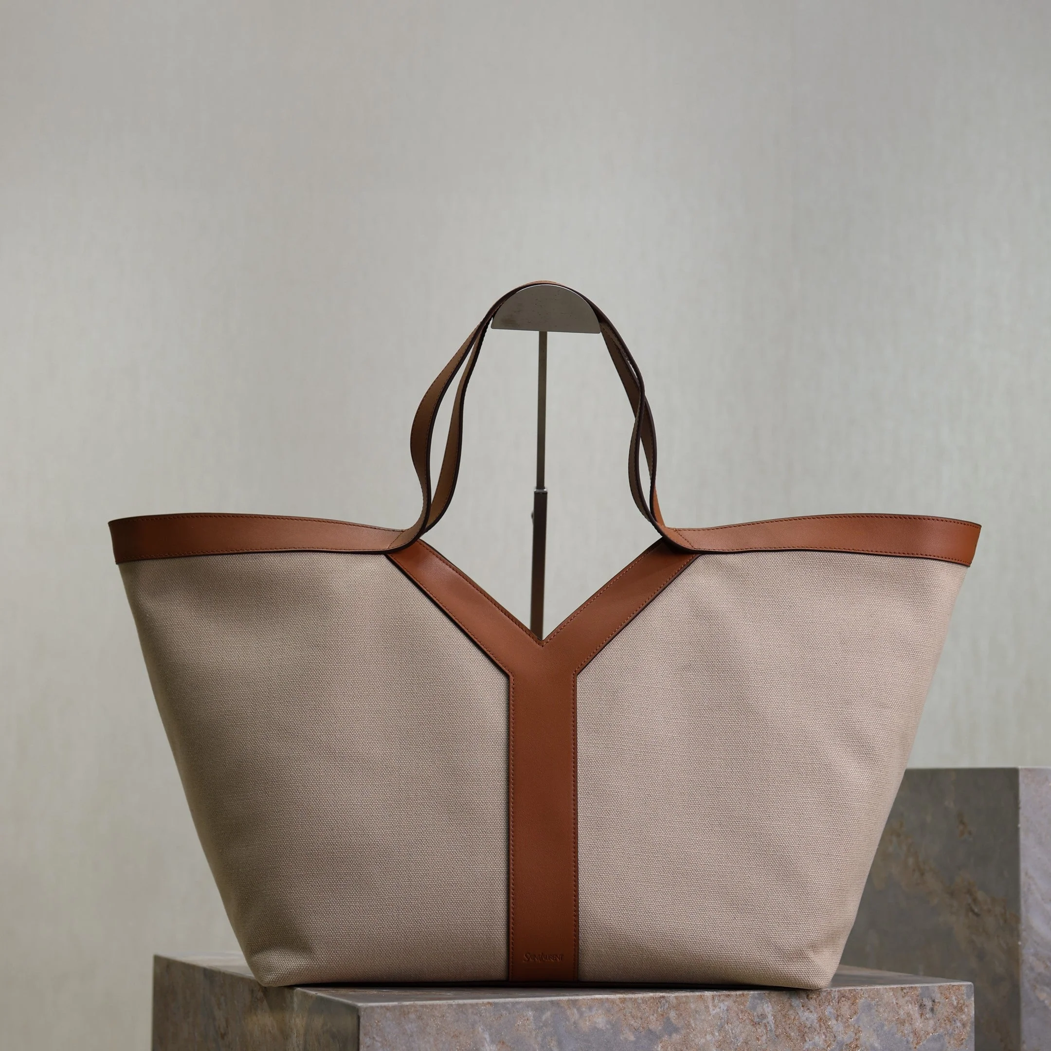Y Tote Bag Beige Brown Canvas Leather