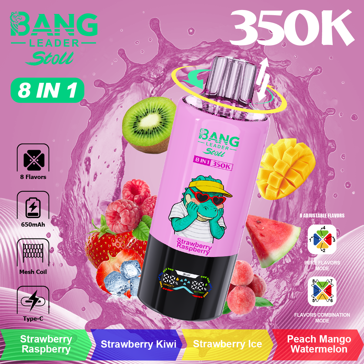 Bang Leader 350K Puffs 8-in-1 Prefilled Vape | 8 Flavors in 1 Device,  Rechargeable, 3%  5%