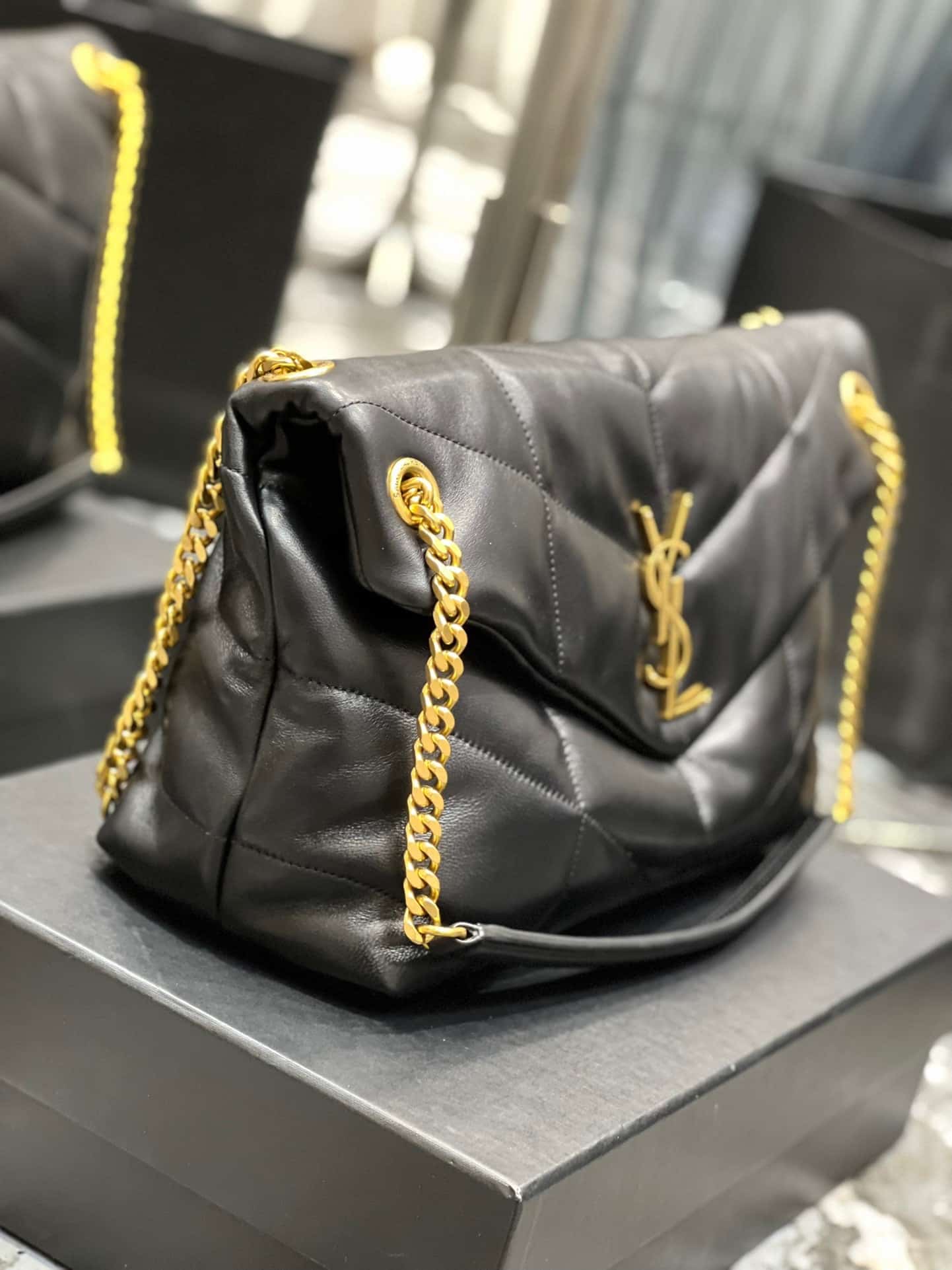 Saint Laurent Puffer Medium Chain Bag In Quilted Gold Toned Metal