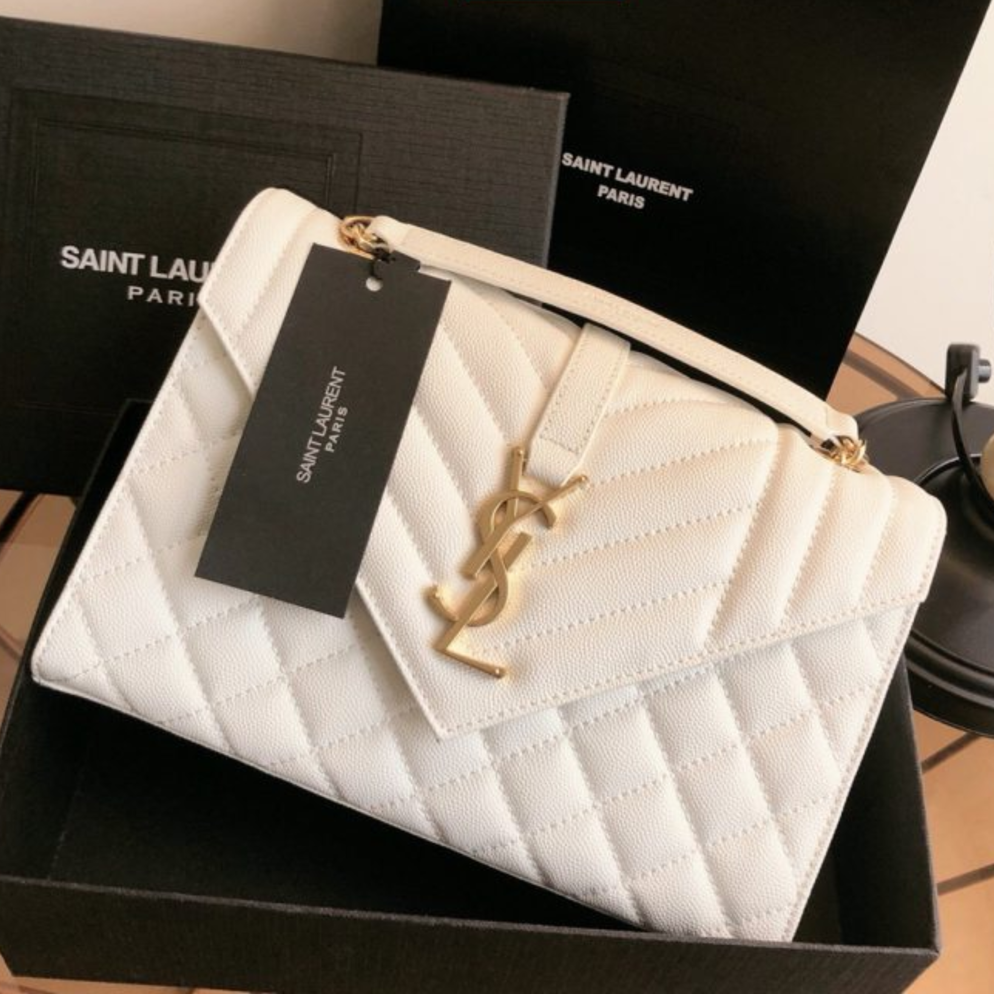 Saint Laurent Envelope Small Bag In Mix Matelasse Grain De Poudre Embossed White