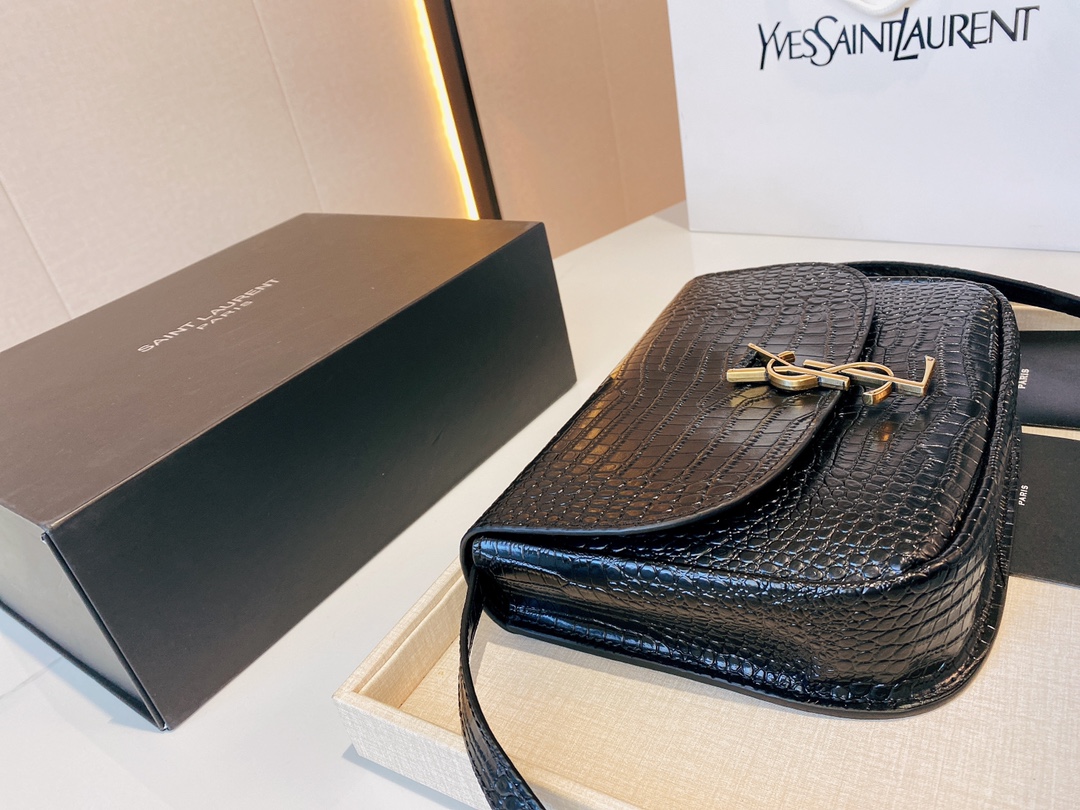 Saint Laurent Kaia Medidum Embossed Leather Black Gold Bag 23Cm
