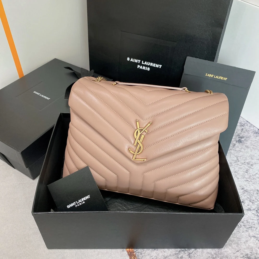 LOULOU MEDIUM 32 DARK BEIGE QUILTED LEATHER GOLD HARDWARE