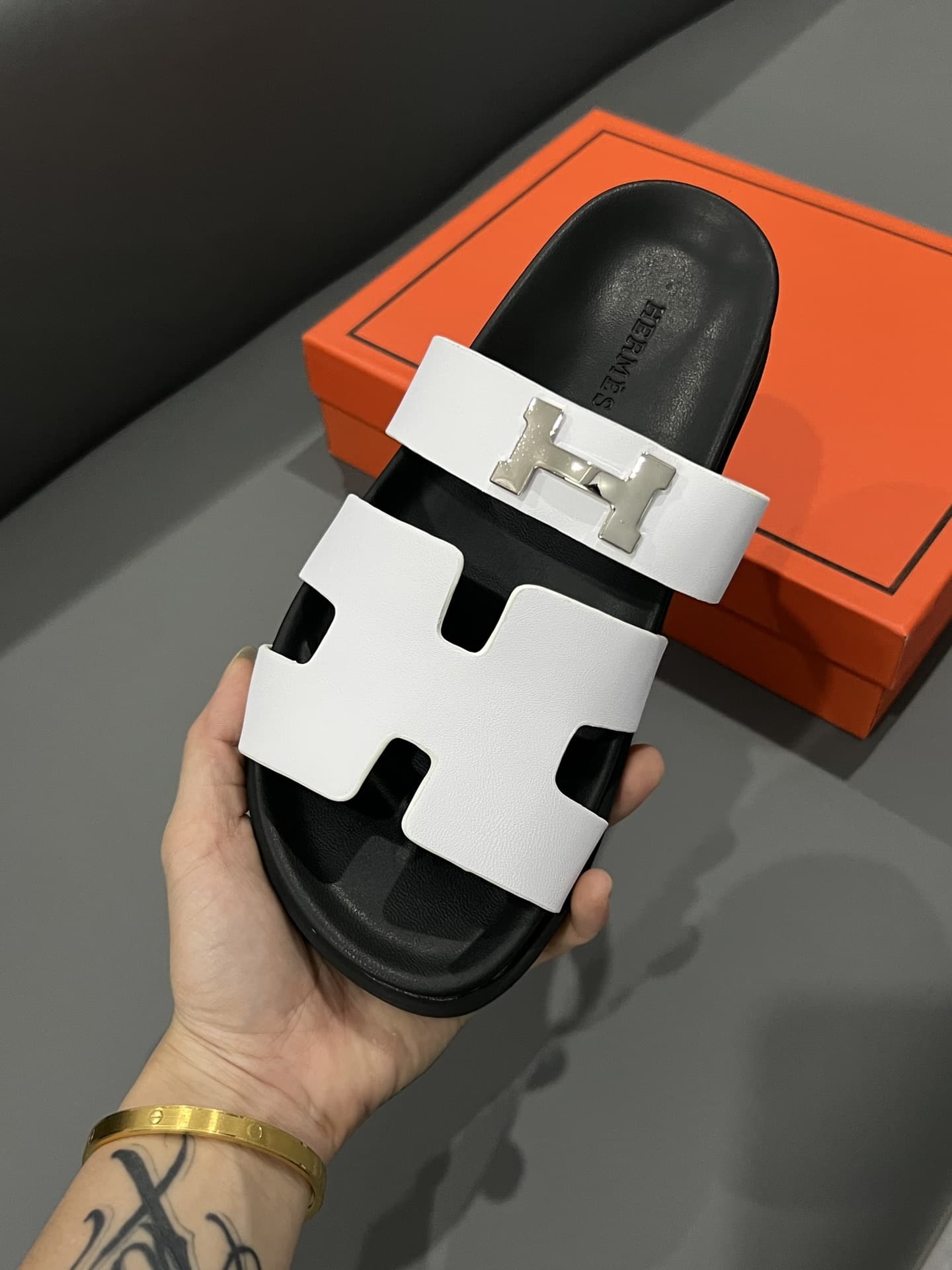 Hermes Chypre Sandal H Logo Silver Hardware White