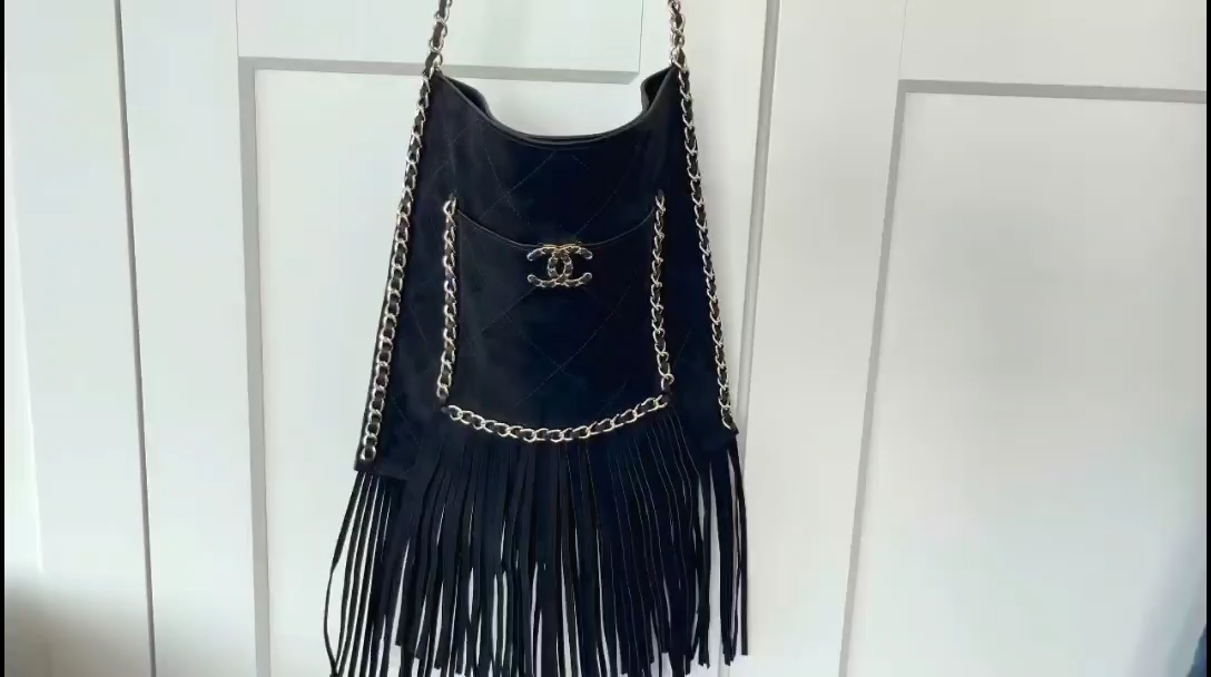 Vintage Black Quilted Suede Leather Tote Bag with Fringe Trim, Gold-Tone Hardware & Chain Strap