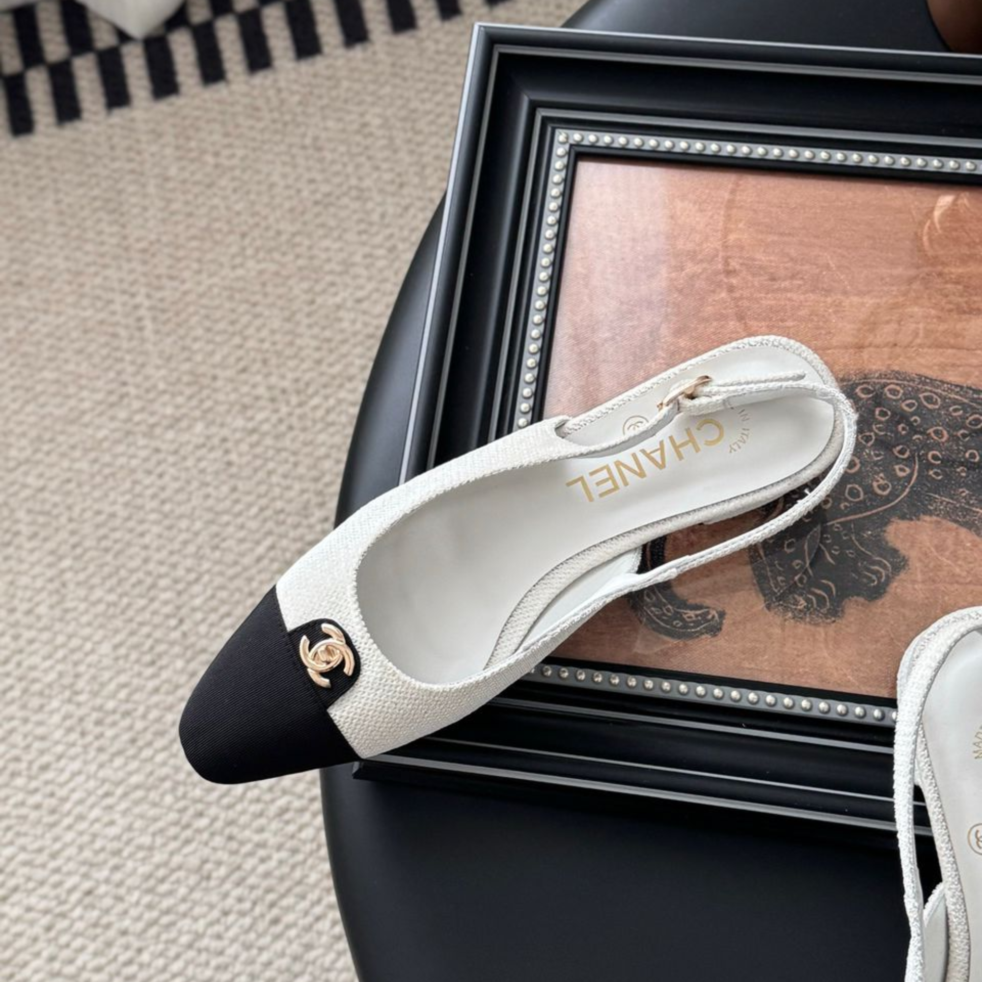 Chanel Iridescent Tweed Cap Toe CC Slingback Flats White Black