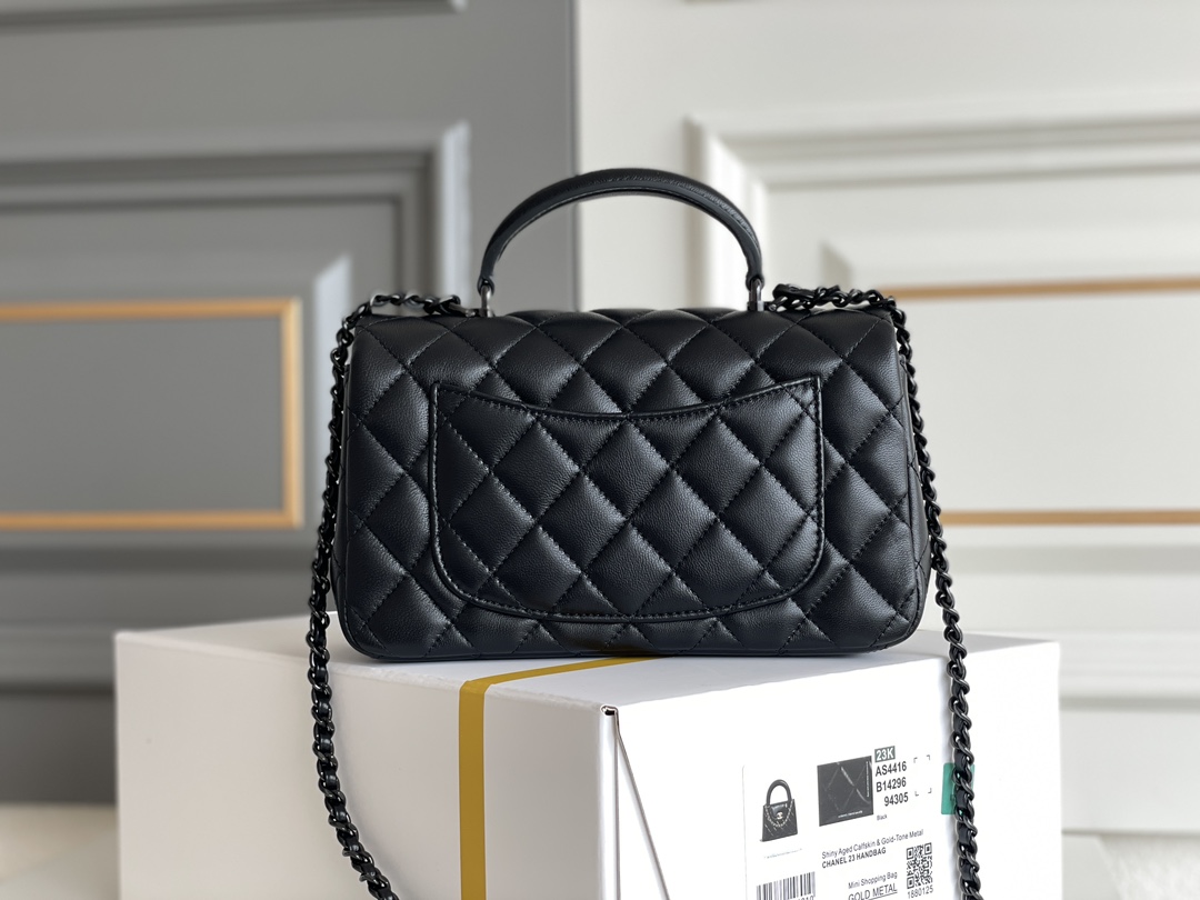 23K Mini Shopping Bag (Mini Kelly) in Black Shiny Aged Lambskin with RutheniumBlack-Tone Hardware (Model AS4416)