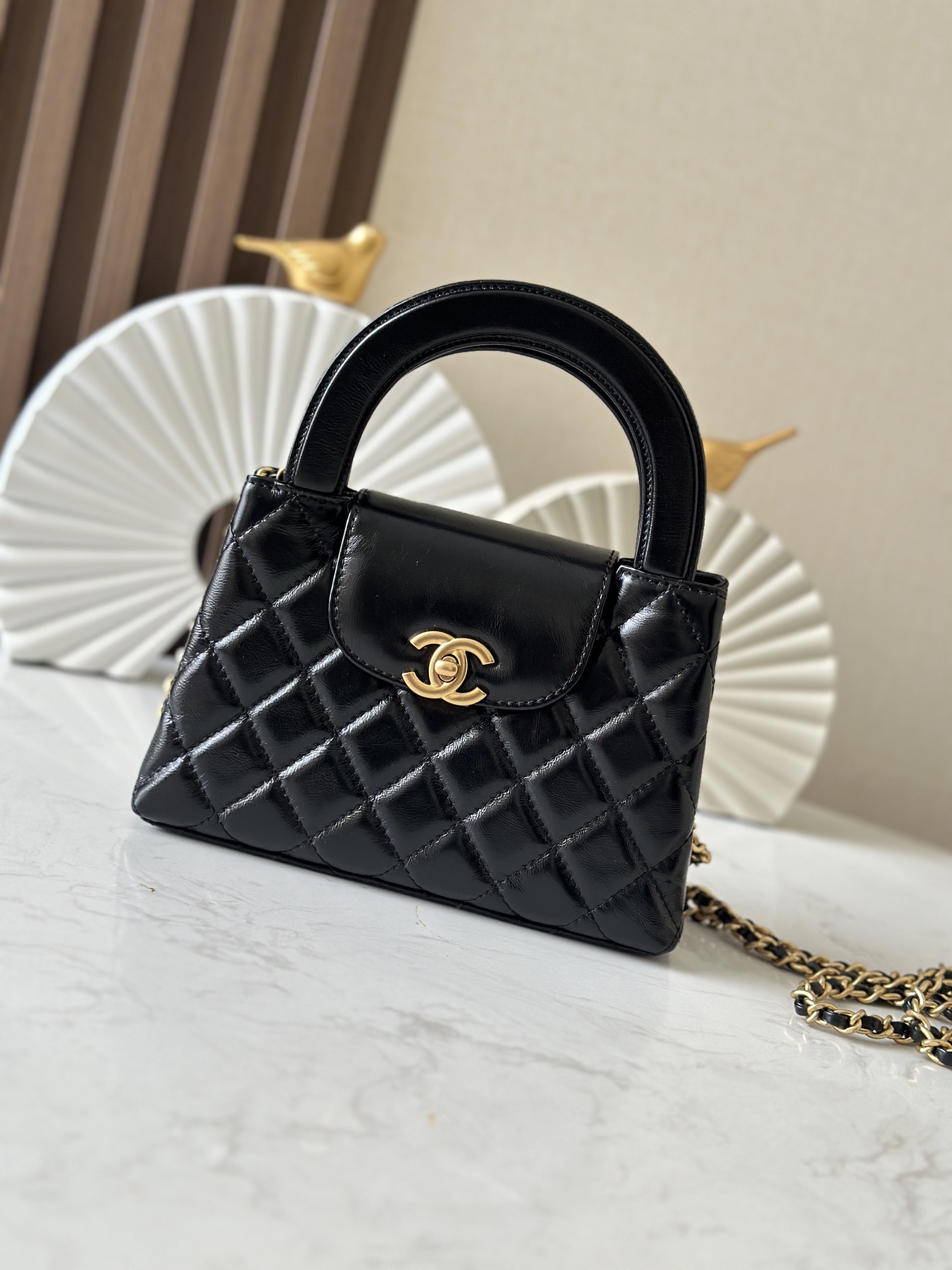 Black Shiny Calfskin Quilted Mini Kelly-Style Handbag with Gold Hardware