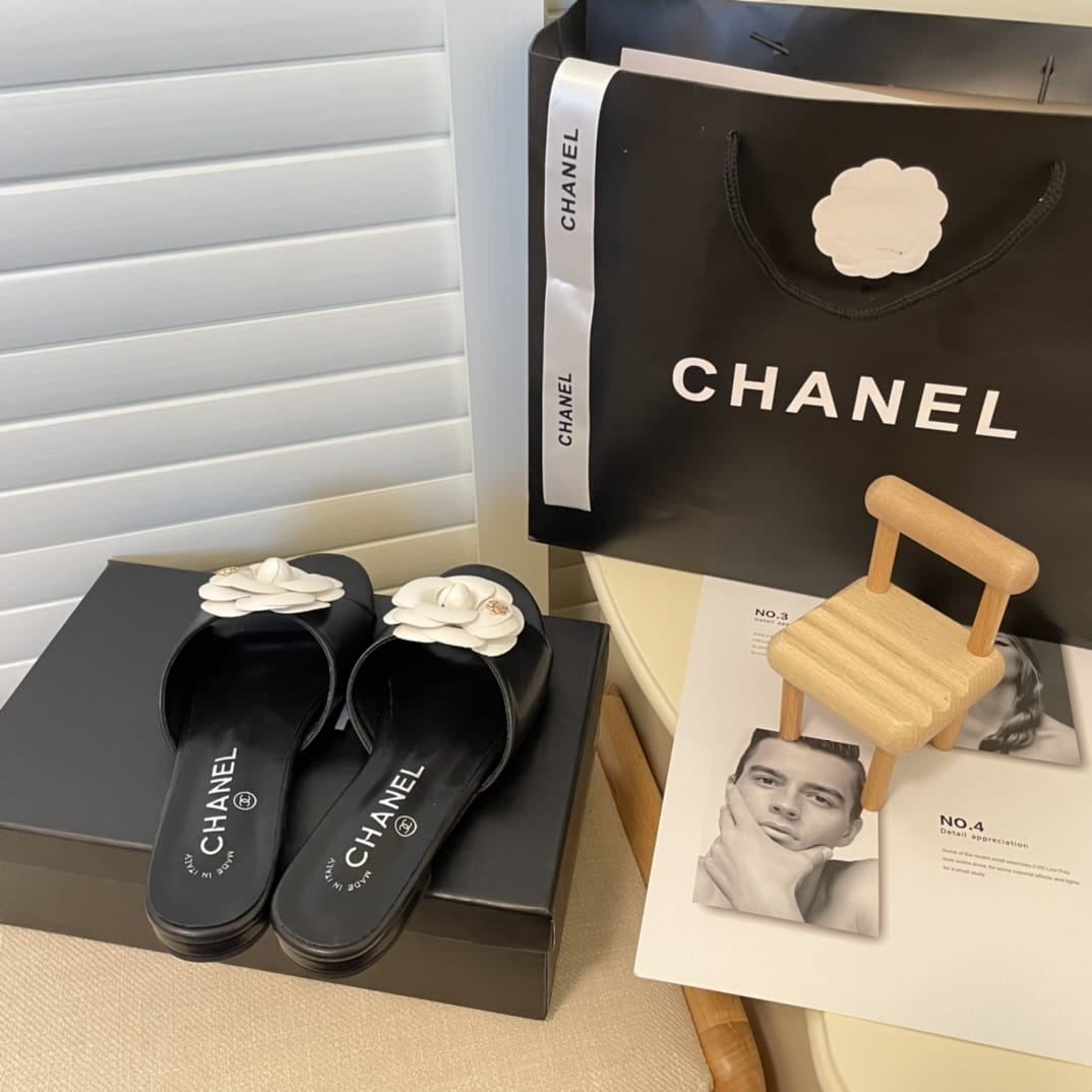 Chanel White Camellia Slides Black