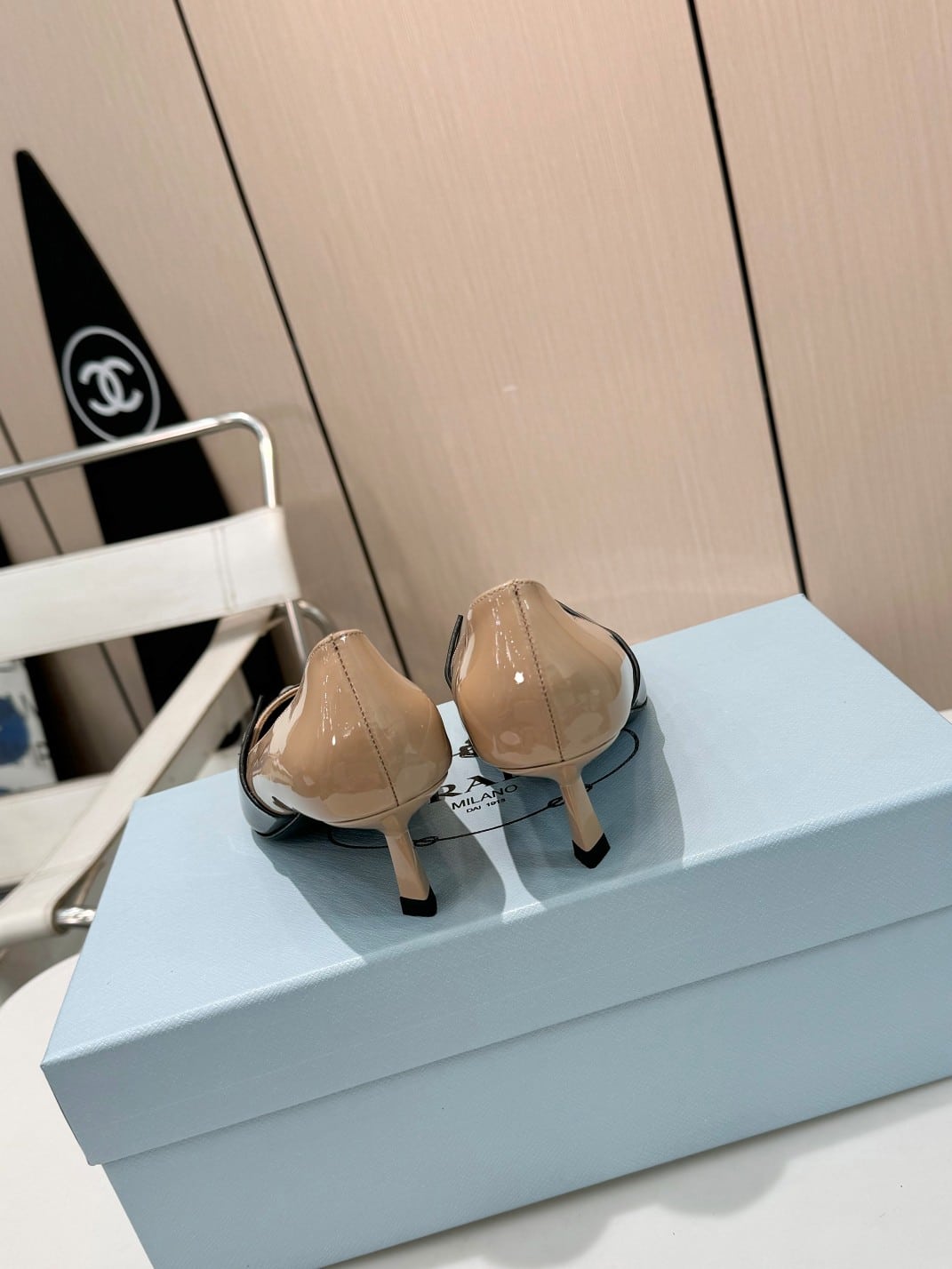 Prada Two Tone Toe Kitten Heels In Black And Beige