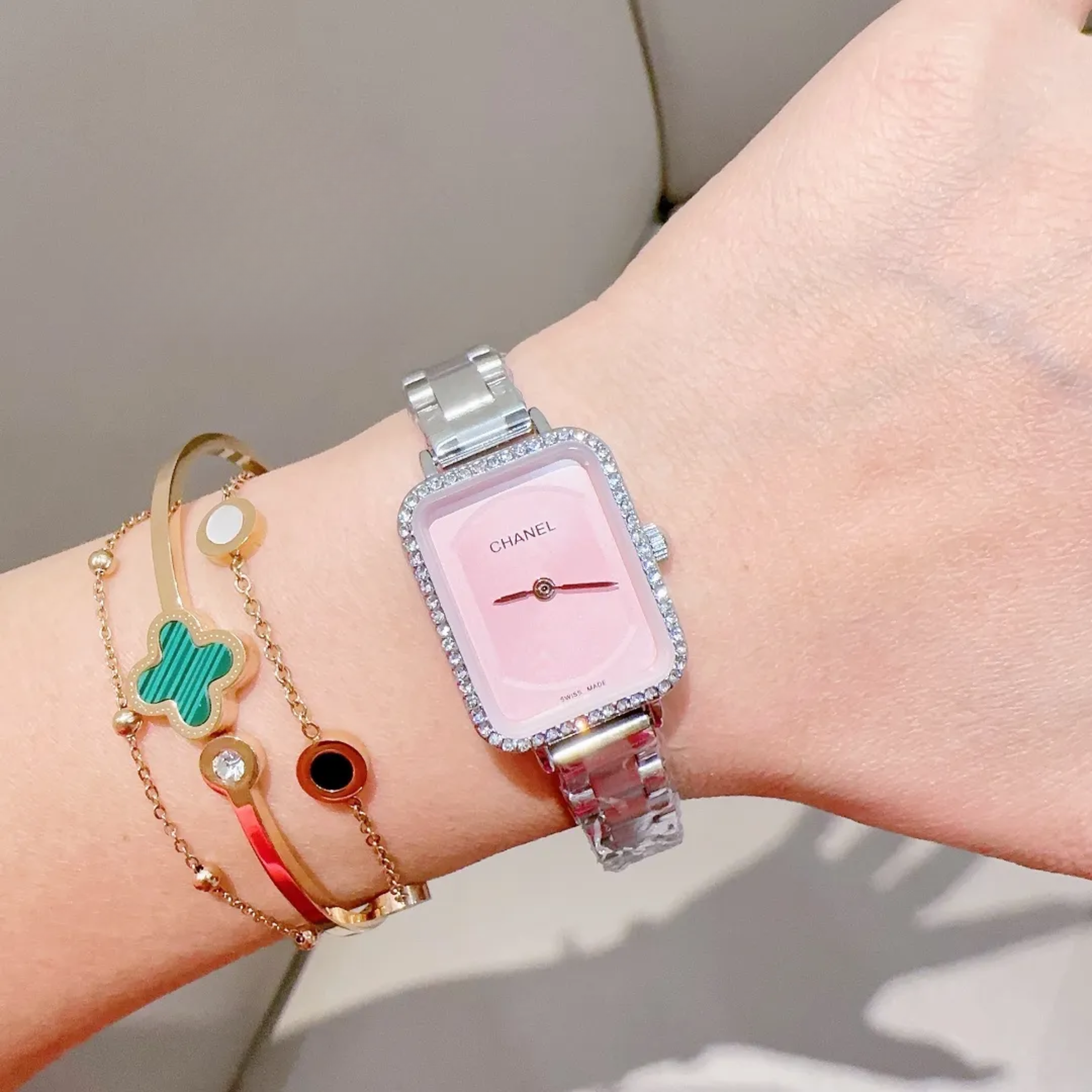 Chanel Première Silver Diamond-Edge Watch Pink Dial