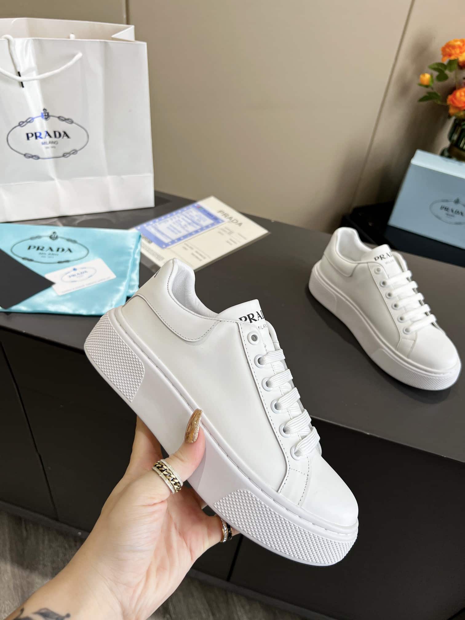 Prada Sneakers In White Leather With White
