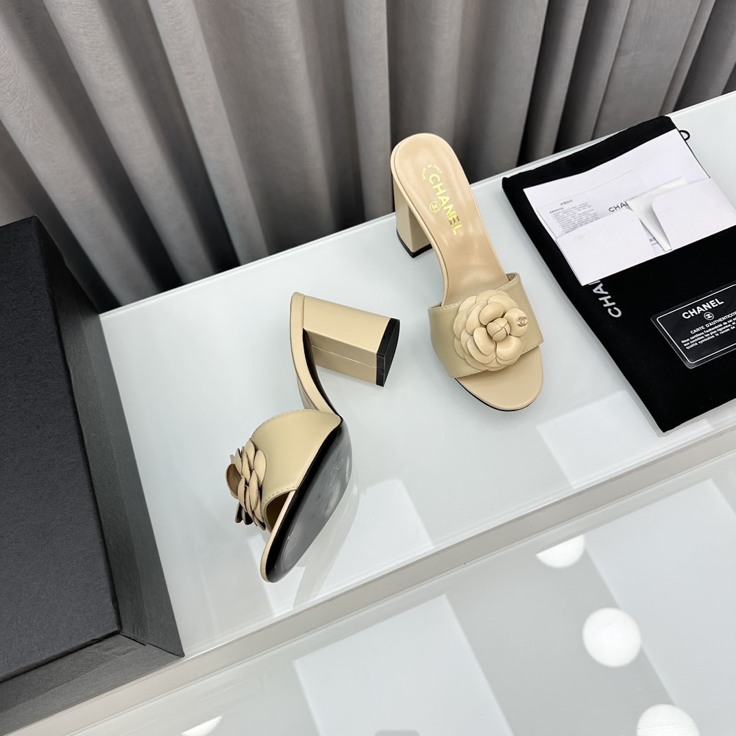 Chanel Camellia Medium Heel Slippers Beige