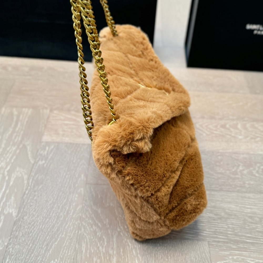 Saint Laurent Puffer Bag In Shearling Brown 28Cm