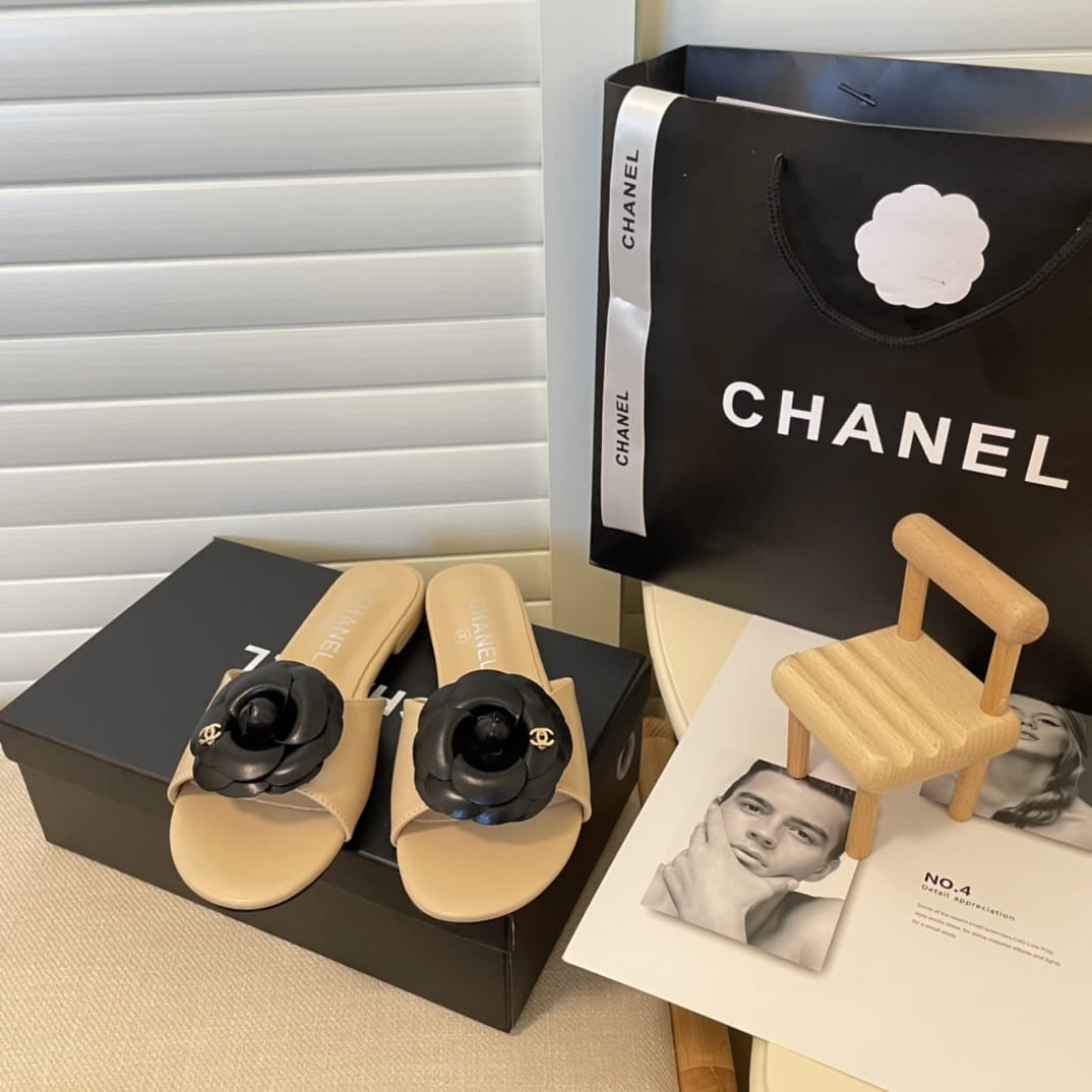 Chanel Black Camellia Slides Beige