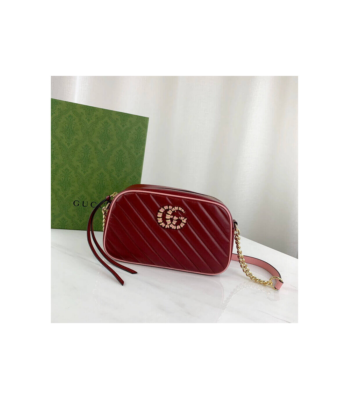 Gucci GG Marmont Small Shoulder Bag Red and Emerald Leather