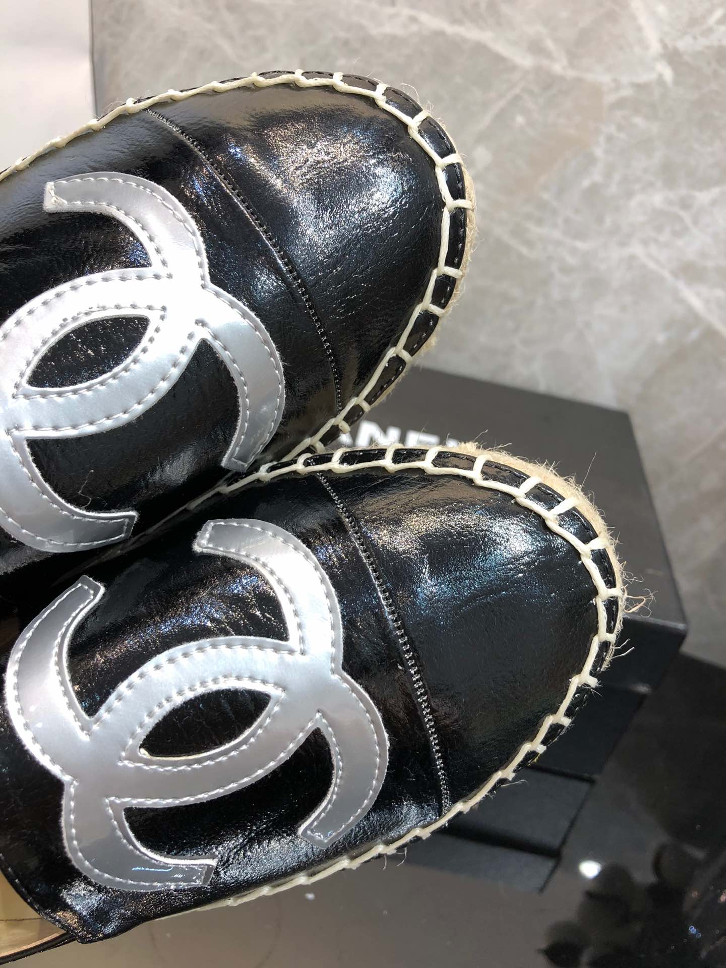 Chanel Embroidered Espadrille Leather Cap Toe Flats Black Cc