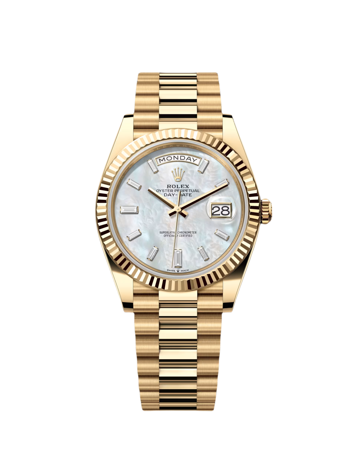 【Super Clone】RLX Day-Date 40mm Yellow Gold President  Mother of Pearl Diamond Baguette Dial - 228238