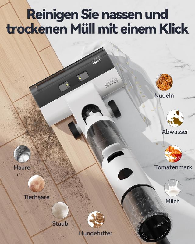 JONR-ED12 Nass- und Trockenstaubsauger Selbstreinigend Kabellos Bodenreiniger Leichter Mopp für Hartböden Tierhaare Essensreste Rundum-Reinigung ohne Auslass