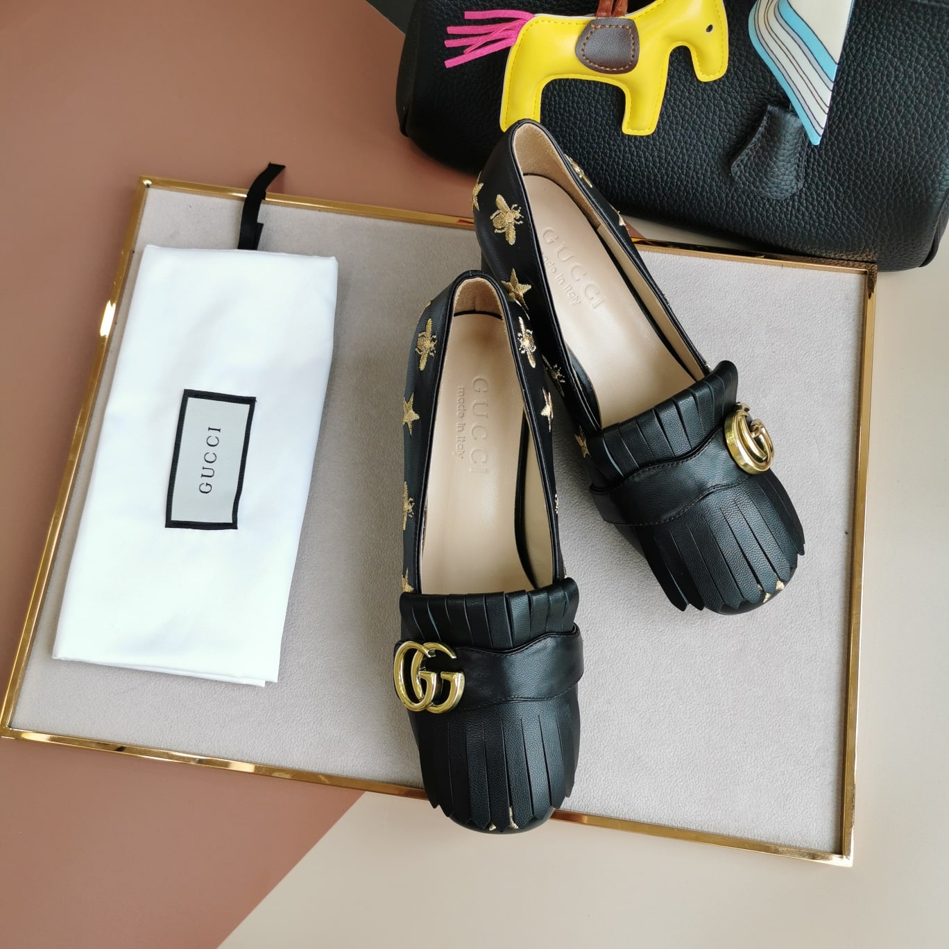 Gucci Embroidered Bee Star Leather Mid-Heel Pump Black