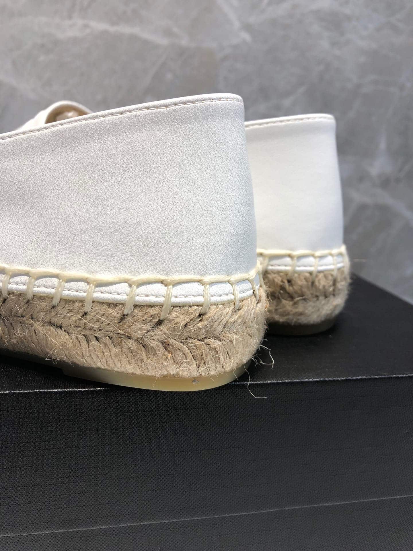 Chanel Embroidered Espadrille Leather Black Cap Toe Flats White Cc