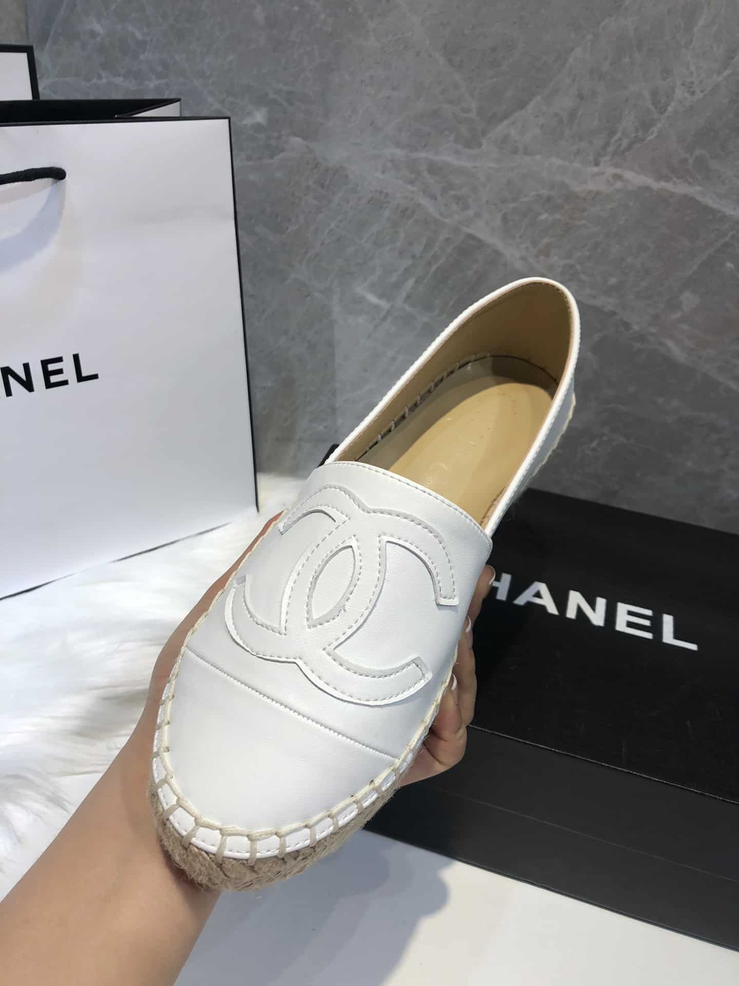 Chanel Embroidered Espadrille Leather Cap Toe Flats White