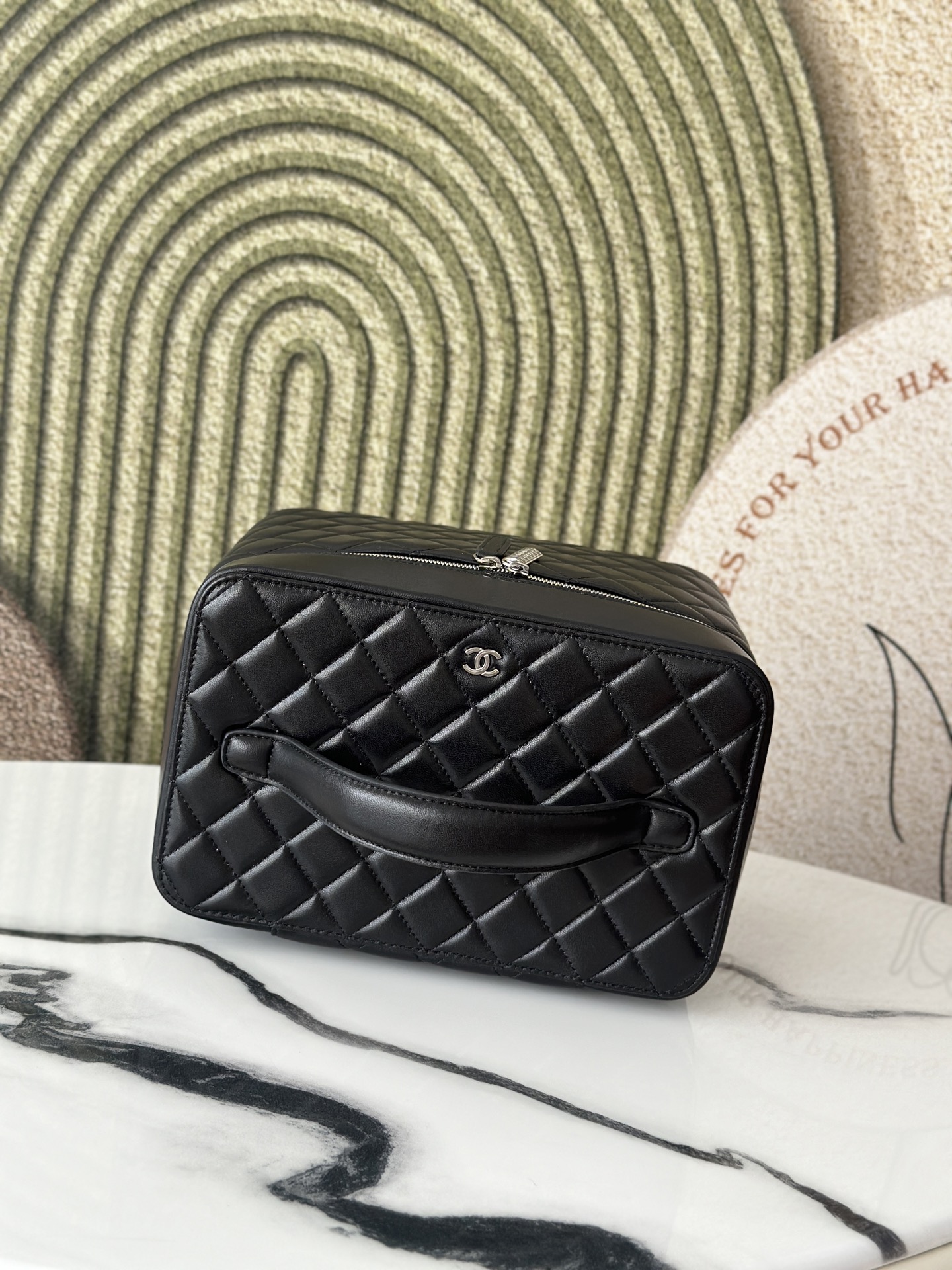 Black Lambskin Quilted Large Vanity Case with Crystal Zipper